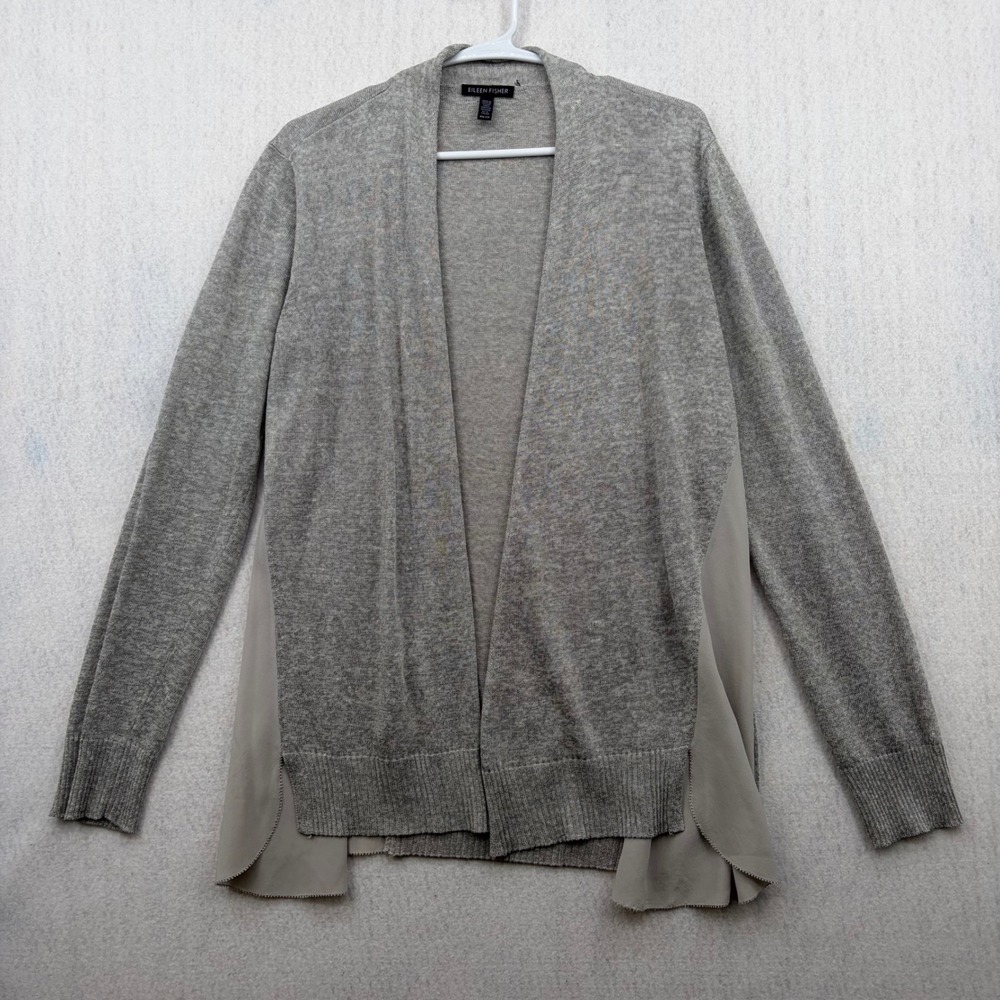Eileen Fisher Womens Gray Linen Silk Trim Open Front Cardigan XS Heathered